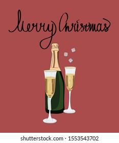 Hand drawn christmas postcard. Champagne glasses. Vector illustration. Card design for invitation, greeting. Merry christmas card