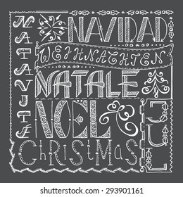 Hand drawn Christmas poster collage with different languages. 