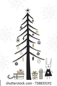 Hand drawn Christmas poster in scandinavian style with monochrome elements. New Year vector illustration.