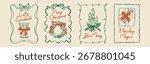Hand drawn Christmas poster set. Retro vintage New Year doodle illustrations in minimalist line art style with holiday wreath, bows, candle, gifts, and martini glass. Festive coquette vector design 