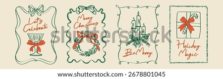 Hand drawn Christmas poster set. Retro vintage New Year doodle illustrations in minimalist line art style with holiday wreath, bows, candle, gifts, and martini glass. Festive coquette vector design 