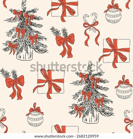 Hand drawn Christmas preppy seamless pattern. Vintage chalk holiday background with bow, Christmas tree, toy, gifts. Vector ink retro winter holiday print for textile, fabric, wallpaper