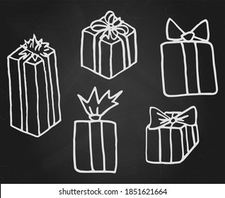 Hand drawn Christmas present boxes doodle design elements set. Winter holidays gifts, greeting card items over black chalkboard. Vector illustration.