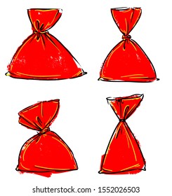 Hand drawn Christmas Red Bag Set. Sketch Bags isolated on white background.  Design elements for the new year, holiday set. Vector illustration.