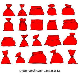 Hand drawn Christmas Red Bag Set. Sketch Bags isolated on white background. Design elements for the new year, holiday set. Vector illustration.