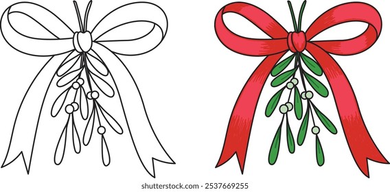 Hand drawn Christmas red bow ribbon with mistletoe branches with editable line thicknes. Vector illustration.