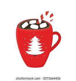 Hand drawn Christmas red mug with hot cocoa, marshmallow and candy cane. Vector doodle sketch illustration isolated on white background.