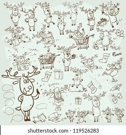 Hand Drawn Christmas Reindeer, Cartoon Characters Set, Sketch