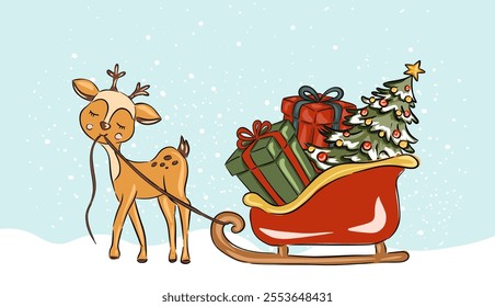 Hand drawn Christmas reindeer pulling a sleigh filled with colorful presents and a decorated Christmas tree vector illustration