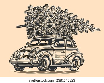 Hand drawn Christmas retro car with pine tree in sketch style. Happy holidays vintage vector illustration