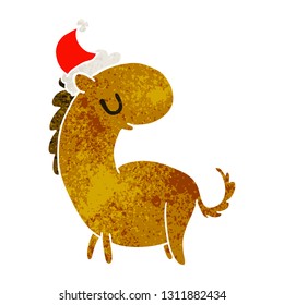 hand drawn christmas retro cartoon of kawaii horse