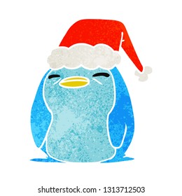 hand drawn christmas retro cartoon of kawaii penguin