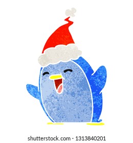 hand drawn christmas retro cartoon of kawaii penguin