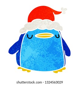 hand drawn christmas retro cartoon of kawaii penguin