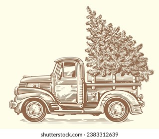 Hand drawn Christmas retro truck with pine tree. Happy holidays, vintage sketch vector illustration