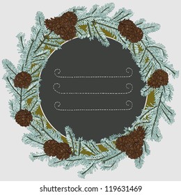Hand drawn christmas round frame design with fir tree branches and pine cones. vector illustration.