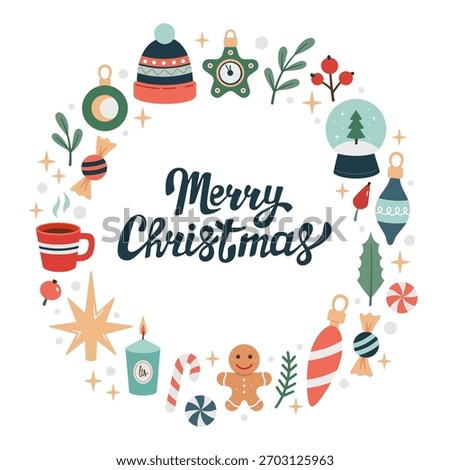 Hand drawn Christmas round frame, copy space, postcard, greeting card. Doodle Christmas winter decoration circular frame. Merry Christmas lettering. Christmas treats, sweets, candies, cookies. Vector