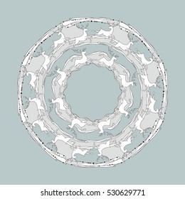 Hand drawn Christmas round pattern with deers. Silhouette reindeer on grey background. Vector animal illustration for greeting card, poster.