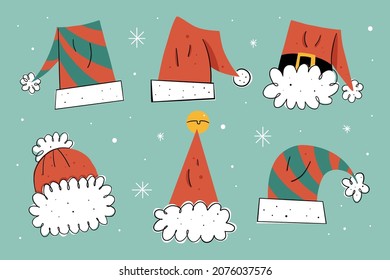 Hand Drawn Christmas Santa Claus' Hat Collection Set