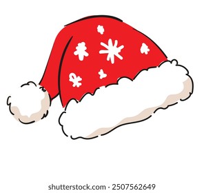 Hand drawn Christmas Santa red hat vector illustration, isolated white background