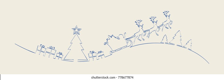 Hand drawn Christmas scene with Santa Claus - panoramic decoration. Vector.