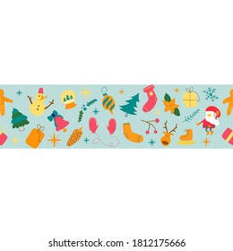 Hand drawn Christmas seamless border. Flat illustration.