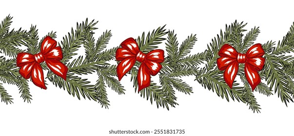 Handgezeichnete weihnachtliche nahtlose Umrandung, Neujahrskanten-Design, Linienband mit roter Schleife und Tannenzweigen . Vektorgrafik