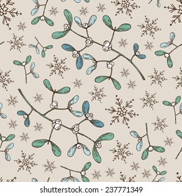 Hand drawn Christmas seamless with mistletoe. 