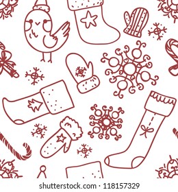 Hand drawn Christmas seamless pattern with bird, socks, snowflakes, etc.