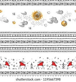 Hand drawn christmas seamless pattern, snowflakes and red folk art deers, christmas trees, sun, moon, nature elements and ornamental stripes on white background. Winter holidays traditional design.