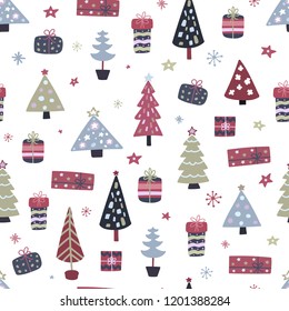 Hand drawn Christmas seamless pattern. Doodle texture with xmas tree, gift boxes and snowflakes. Scandinavian pattern. Vector illustration.