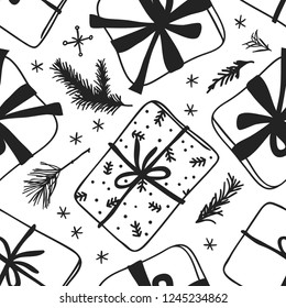 Hand drawn Christmas seamless pattern with gift box on white background. Creative ink art work. Actual vector doodle drawing