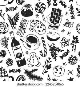 Hand drawn Christmas seamless pattern with food: candy cane, pudding, gingerbread cookies, tea or coffee, latte, wine on white background. Creative Holidays ink art work. Actual vector doodle drawin