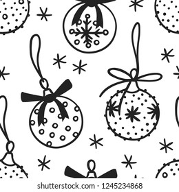 Hand drawn Christmas seamless pattern with toy balls on white background. Creative ink art work. Actual vector doodle drawing decorations
