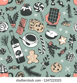 Hand drawn Christmas seamless pattern with food: candy cane, pudding, gingerbread cookies, latte, bun, chocolate, wine on green background. Creative Holidays ink art work. Actual vector doodle drawing