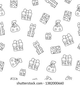 Hand drawn Christmas seamless pattern with gifts. Vector birthday present wrapper background. 