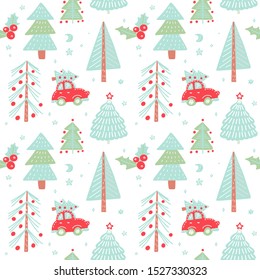 Hand drawn Christmas seamless pattern with christmas trees. Cute red retro car in Winter fir forest. Holiday background. Vector doodle illustration