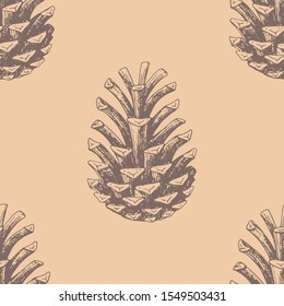 Hand drawn Christmas seamless pattern. Vector background with conifer cones.