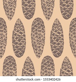 Hand drawn Christmas seamless pattern. Vector vintage background with conifer cones.