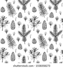 Hand drawn Christmas seamless pattern with fir tree and pine tree branches and cones isolated on white background. Vector illustration in sketch style