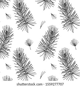 Hand drawn Christmas seamless pattern with pine branches isolated on white background. Vector illustration in sketch style