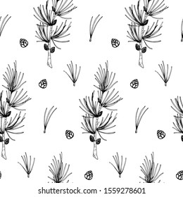 Hand drawn Christmas seamless pattern with larch branches isolated on white background. Vector illustration in sketch style
