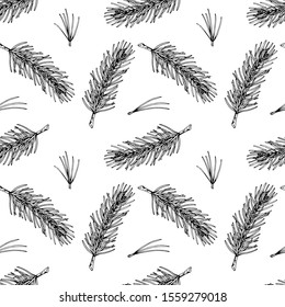 Hand drawn Christmas seamless pattern with fir tree branches isolated on white background. Vector illustration in sketch style