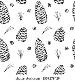 Hand drawn Christmas seamless pattern with fir tree cones isolated on white background. Vector illustration in sketch style