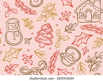 Hand drawn christmas seamless pattern with cute decorative elements isolated on pink background. EPS 10 vector illustration.