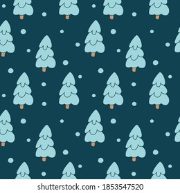 Hand drawn Christmas seamless pattern with fir-tree forest, landscape, snowflake on dark blue background. Vector flat illustration. Design for textile, wrapping, wallpaper, packaging, fabric