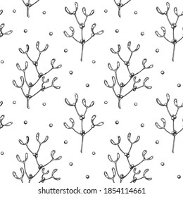 Hand drawn Christmas seamless pattern with mistletoe isolated on white background. Christmas design elements. Vector illustration in sketch style.