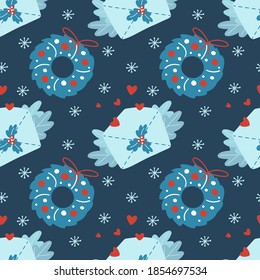 Hand drawn Christmas seamless pattern with Christmas wreath, envelope, heart, branches, snowflake on blue background. Vector flat illustration in  Scandinavian style. Design for textile, wrapping