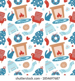Hand drawn Christmas seamless pattern with Christmas tree, fireplace, floral wreath, chair, cat, sweater, scarp on white background. Vector flat illustration. Design for textile, wrapping, wallpaper