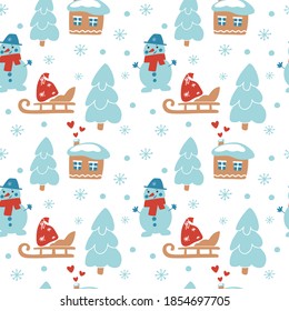 Hand drawn Christmas seamless pattern with house, fir-tree forest, deer, sled, snowman, bag, snowflake on white background. Vector flat illustration. Design for textile, wrapping, wallpaper, packaging